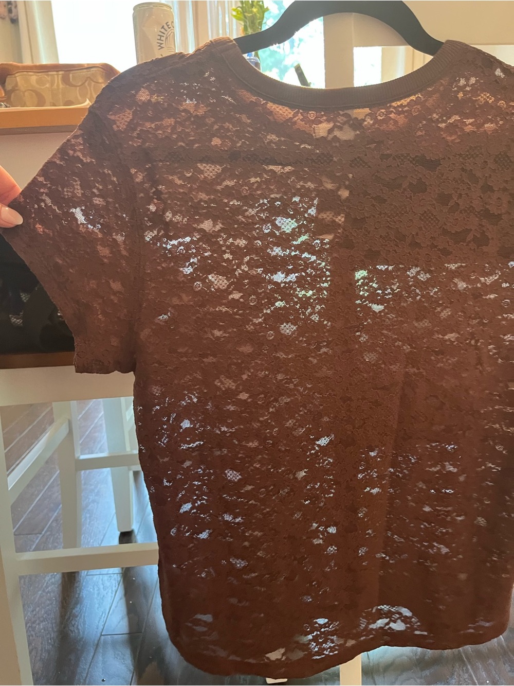 Aerie Sheer Lace Short Sleeve Top - Brown